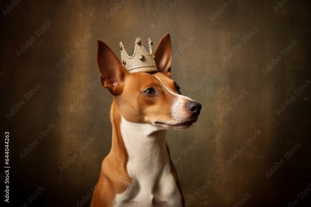 Lifestyle portrait photography of a cute basenji dog wearing a princess crown against a rustic brown background. With generative AI technology