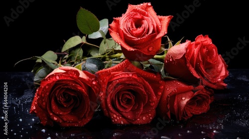 Red roses with water drops on black background. Valentines day background. Mother s day concept with a space for a text. Valentine day concept with a copy space.
