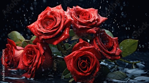 Bouquet of red roses on a black background with water drops. Mother s day concept with a space for a text. Valentine day concept with a copy space.