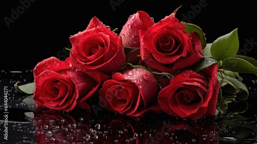 Red roses with water drops isolated on black background. Valentines day. Mother s day concept with a copy space. Valentine day concept with a copy space.
