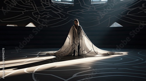 Model in a digital cloak with changing patterns  set in a futuristic amphitheater