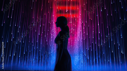 Model in a sleek jumpsuit with fiber-optic threads, posed under a digital waterfall
