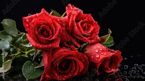 Beautiful red roses with water drops on dark background  closeup. Mother s day concept with a space for a text. Valentine day concept with a copy space.
