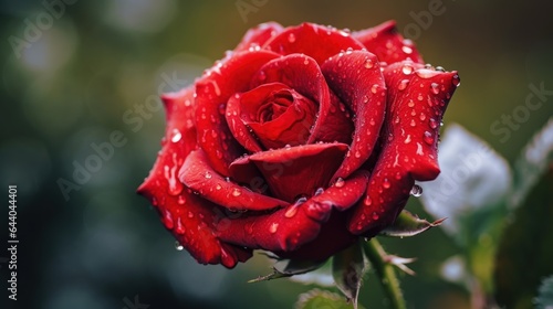 Red rose with water drops on a dark background, close-up. Mother's day concept with a space for a text. Valentine day concept with a copy space.