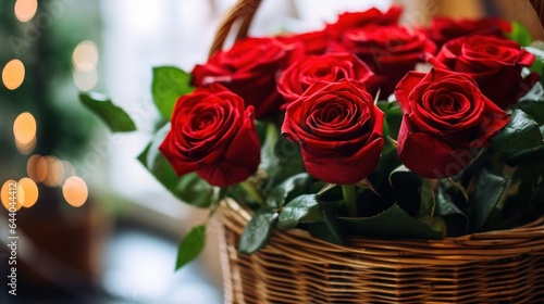 Red roses in a wicker basket on a rainy day in the city. Mother s day concept with a space for a text. Valentine day concept with a copy space.