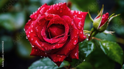 Beautiful red rose with drops of water on the background of the window. Mother s day concept with a space for a text. Valentine day concept with a copy space.