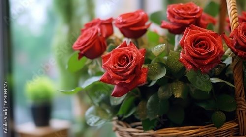 Bouquet of red roses in a basket on the table. Mother s day concept with a space for a text. Valentine day concept with a copy space.