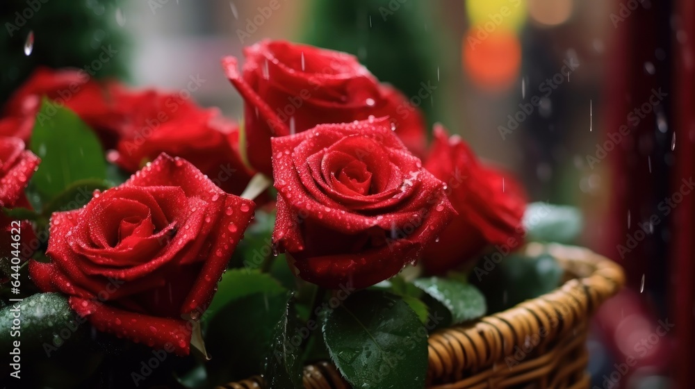 Red roses with water drops on flower shop background. Valentine's Day. Mother's day concept with a space for a text. Valentine day concept with a copy space.
