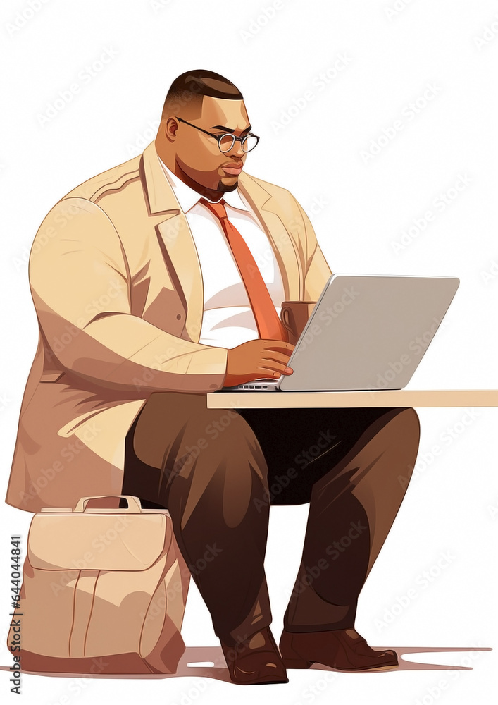 Empowered plus-size businessman efficiently manages tasks at his office desk with a laptop, creating an inclusive workplace environment.