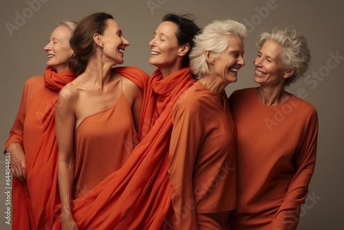 Group of happy senior women in orange scarves. Studio shot.