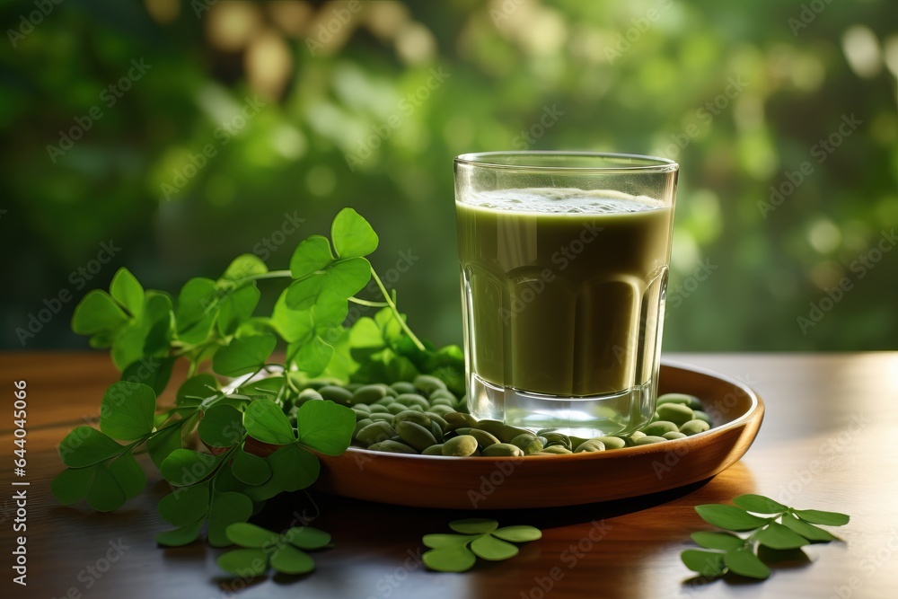 Moringa leaves extract in a glass on wooden background Moringa leaves extract in a glass on wooden background