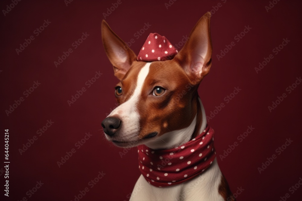 Lifestyle portrait photography of a curious basenji dog wearing a polka dot bandana against a rich maroon background. With generative AI technology