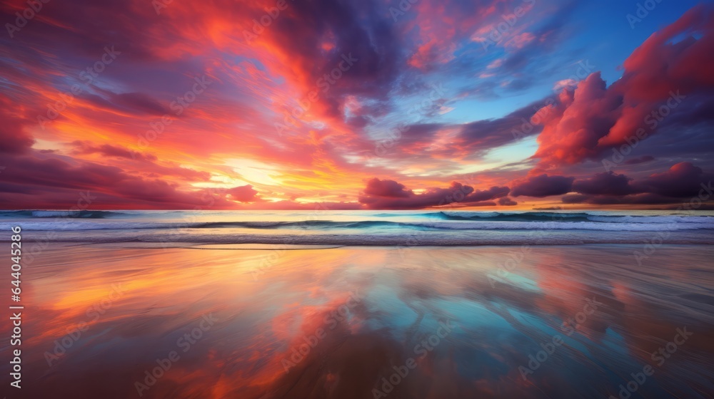 A colorful sunset over the ocean with clouds reflected in the water