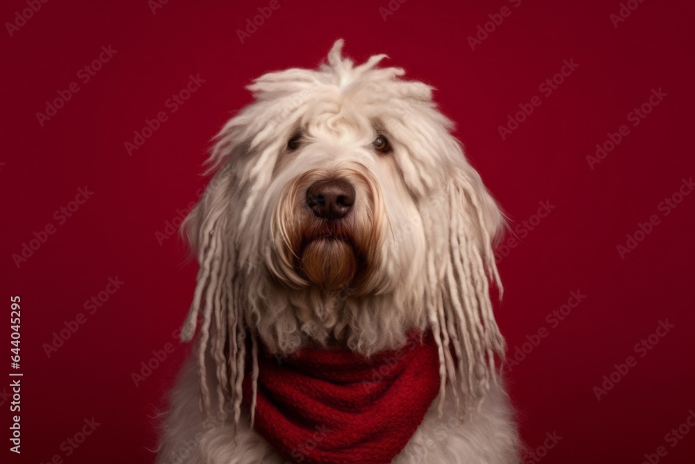 Medium shot portrait photography of a cute komondor dog wearing a cooling vest against a rich maroon background. With generative AI technology