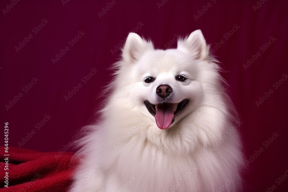Photography in the style of pensive portraiture of a smiling american eskimo dog wearing a thermal blanket against a rich maroon background. With generative AI technology