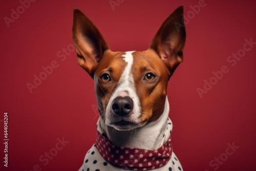 Lifestyle portrait photography of a curious basenji dog wearing a polka dot bandana against a rich maroon background. With generative AI technology
