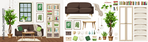 Living room interior with a sofa, a beige bookcase, a window with the rain outside, and a big ficus tree. Cozy room interior design. Furniture set. Interior constructor. Cartoon vector illustration