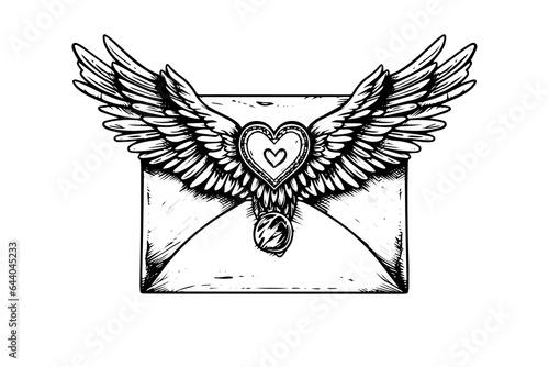 Envelope with heart and wings hand drawn ink sketch. Engraving vintage style vector illustration.