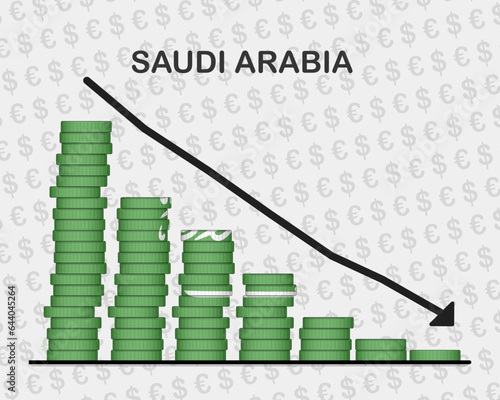 Saudi Arabia economic collapse, decreasing values with coins, crisis and downgrade concept