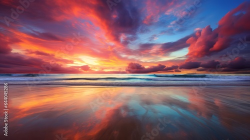 A colorful sunset over the ocean with clouds reflected in the water photo