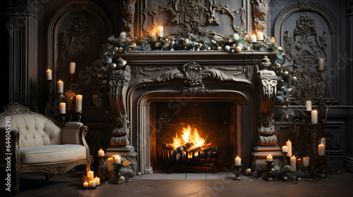 Trendy interior, decorated fireplace for Christmas