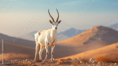 A white oryx with big horns in a desert. photo