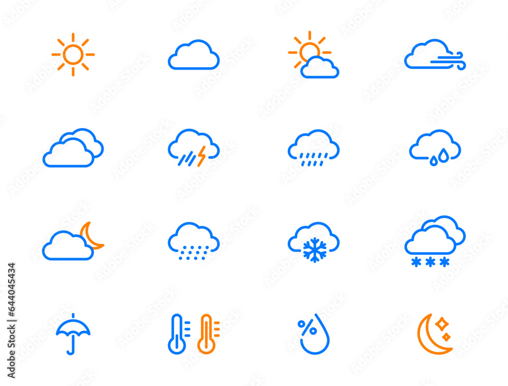 Obraz premium Weather Linear Icons. Weather forecast. Meteorological symbols. Suny, cloudy, rainy, thunderstorm, windy, snow etc. Editable stroke. Vector web icons.
