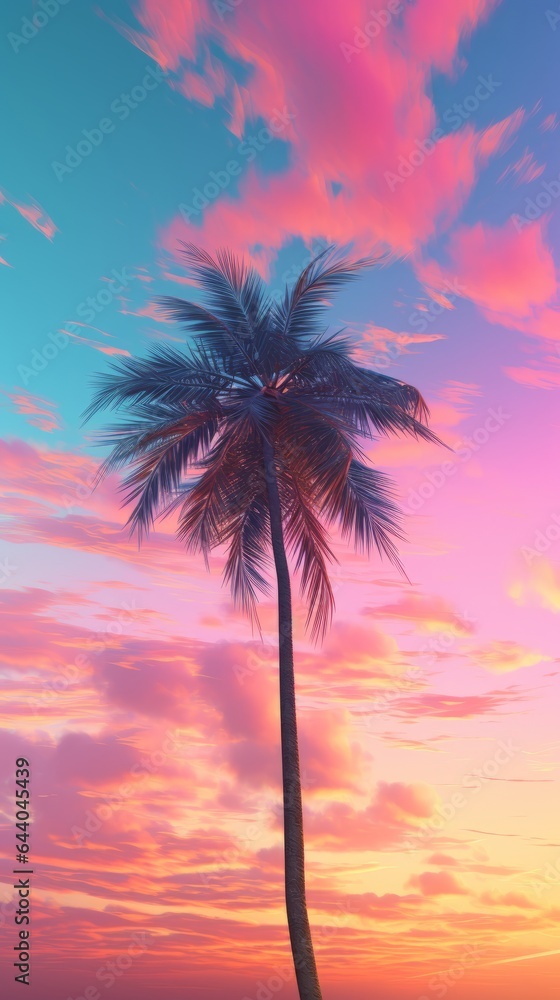 A palm tree is silhouetted against a colorful sunset