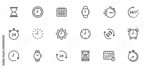 Time and Clock linear icons set. Timer, watch, speed, calendar, alarm clock, date and time management. Vector illustration.