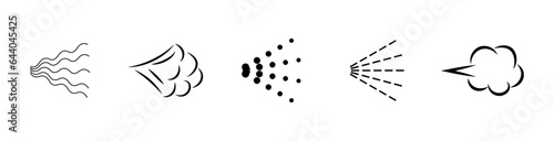 Spray Icons set. Spray steam icons. Spray with water, deodorant, perfume, aerosol, antiseptic and paint. Vector illustration.