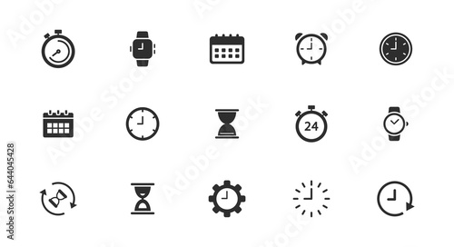 Time and Clock Icons set. Timer, watch, speed, calendar, alarm clock, date and time management. Editable stroke. Vector illustration.