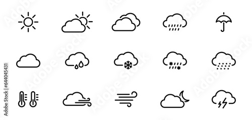 Weather Linear Icons. Weather forecast. Meteorological symbols. Suny, cloudy, rainy, thunderstorm, windy, snow etc. Vector web icons.