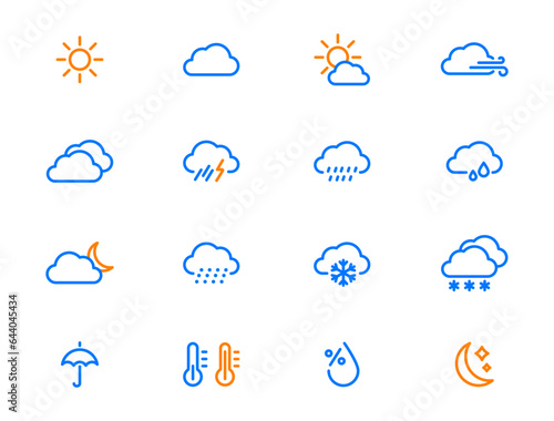 Weather Linear Icons. Weather forecast. Meteorological symbols. Suny, cloudy, rainy, thunderstorm, windy, snow etc. Editable stroke. Vector web icons.