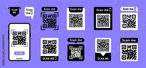 QR code scan me with smartphone. QR code scan icon set. Qr code frame for payment, mobile app and identification. Scan me icon. Vector illustration.
