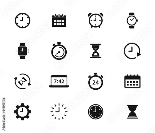 Time and Clock Icons set. Timer, watch, speed, calendar, alarm clock, date and time management. Editable stroke. Vector illustration.