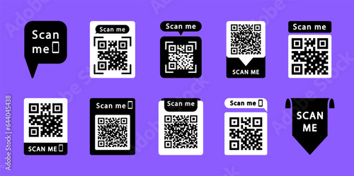 QR code scan me with smartphone. QR code scan icon set. Qr code frame for payment, mobile app and identification. Scan me icon. Vector illustration.