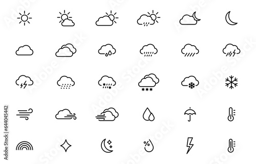 Weather Linear Icons. Weather forecast. Meteorological symbols. Suny, cloudy, rainy, thunderstorm, windy, snow etc. Editable stroke. Vector web icons.