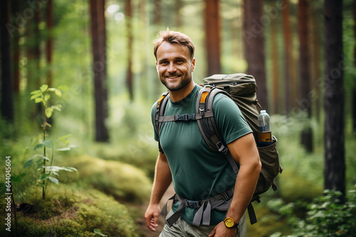 Handsome young man with backpack hiking in the forest. Hiking concept.