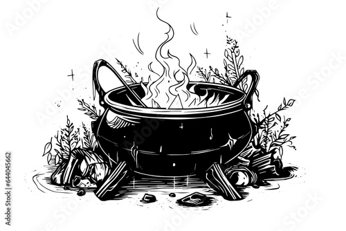 Boiling witch's cauldron hand drawn ink sketch. Engraving style vector illustration.