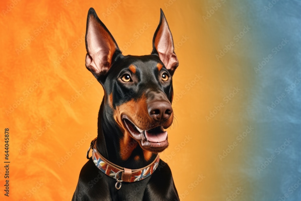 Close-up portrait photography of a smiling doberman pinscher wearing a denim vest against a tangerine orange background. With generative AI technology