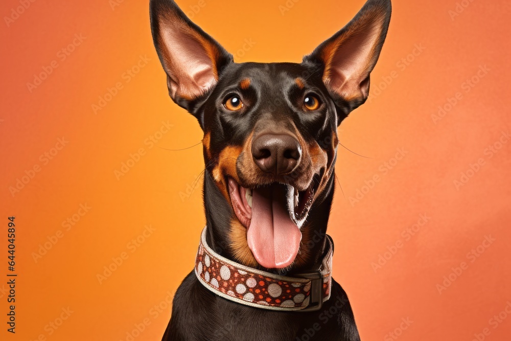 Close-up portrait photography of a smiling doberman pinscher wearing a denim vest against a tangerine orange background. With generative AI technology