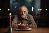 a sad or depressed or angry grandpa, old man on birthday, on a chair at a table with a birthday cake