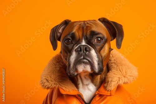 Group portrait photography of a funny boxer dog wearing a sherpa coat against a tangerine orange background. With generative AI technology © Markus Schröder