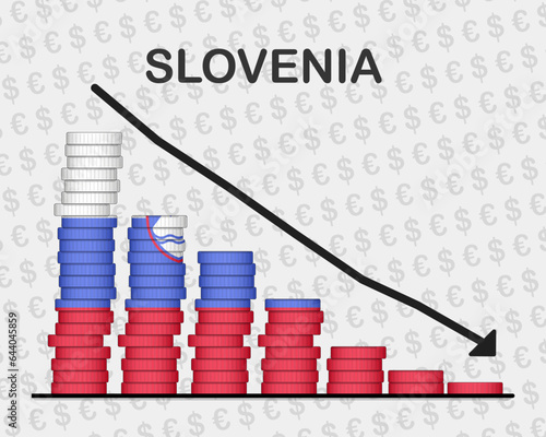 Slovenia economic collapse, decreasing values with coins, crisis and downgrade concept