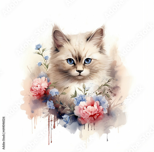 Watercolor portrait of the cat with roses