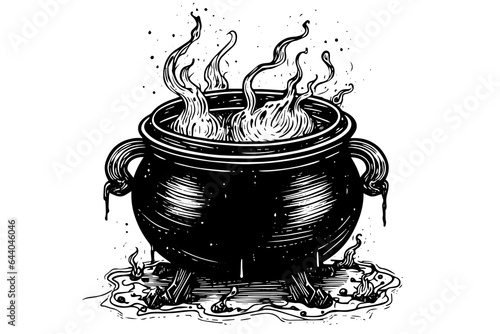 Boiling witch's cauldron hand drawn ink sketch. Engraving style vector illustration.