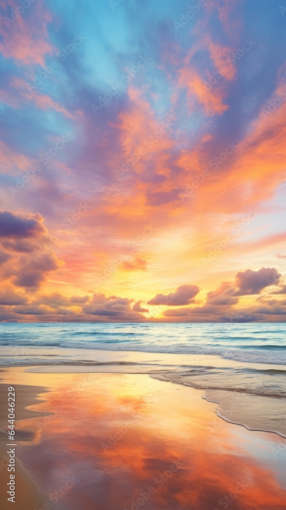 A beautiful sunset on the beach with clouds reflected in the wet sand