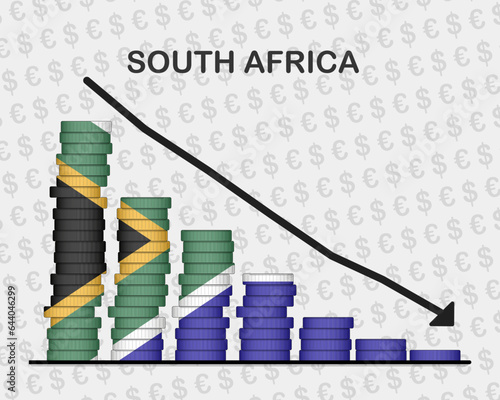 South Africa economic collapse, decreasing values with coins, crisis and downgrade concept