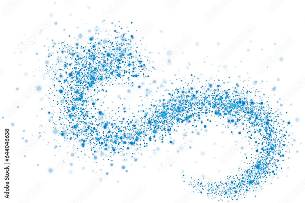Obraz premium Blue scattering of small particles of sugar crystals, flying salt, top view of baking flour. Blue powder, powdered sugar explosion isolated on transparent background. PNG.