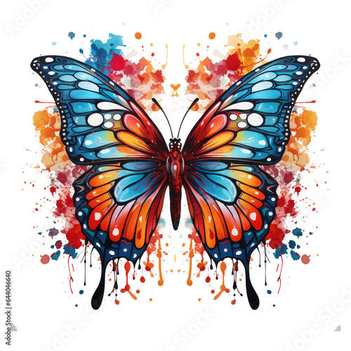 A surreal English Butterfly t-shirt design featuring a butterfly with wings resembling watercolor splashes and paintbrush strokes, Generative Ai